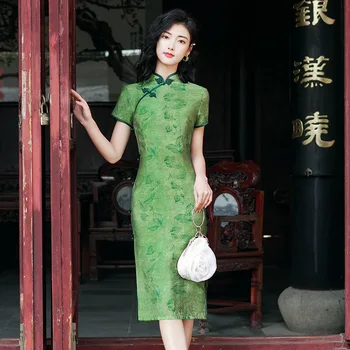 Летний классический Эфирный Лесной Зеленый Чонсам 2023, Летняя улучшенная длинная юбка в китайском национальном стиле Ципао