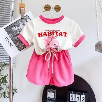 Летний комплект для девочек, новая модная повседневная футболка с принтом маленького кролика + шорты, костюм-двойка, одежда для девочек