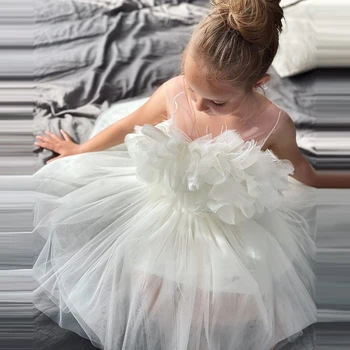 Милые Белые платья-пачки из тюля с цветочным узором для девочек на свадьбу, Детское длинное платье на День рождения с оборками трапециевидной формы, Оптовая продажа детских платьев