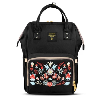 Многофункциональная сумка для подгузников Sunveno Premium, черная вышитая сумка для мамы, рюкзак для мамы с широким отверстием, Удобный Большой емкости