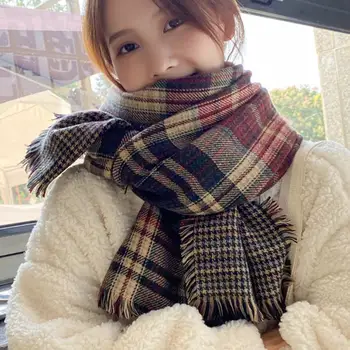 Модный зимний теплый шарф в клетку с кисточками, женский Элегантный Длинный шарф в корейском стиле, студенческая шаль