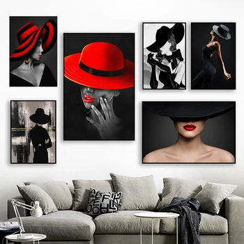 Модный сексуальный плакат с изображением девушки, Женщина в красной шляпе, современная картина на холсте для Леди, Домашняя спальня, настенное искусство, украшение ванной комнаты