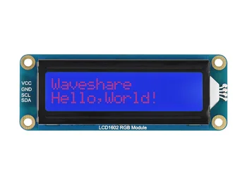 Модуль Waveshare LCD1602 RGB, ЖК-дисплей с 16x2 символами, Подсветка RGB, 3,3 В / 5 В, Шина I2C, Регулируемый цвет подсветки RGB