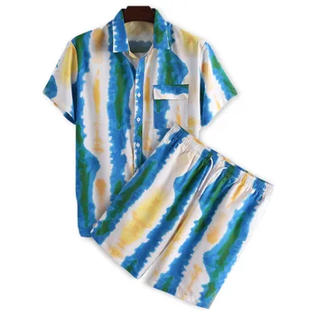 Мужские гавайские рубашки, комплект с коротким рукавом, Рубашка на пуговицах, Комплекты одежды, Галстук-краска, Полосатый Праздничный Комплект из двух предметов