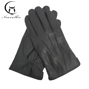 Мужские кожаные перчатки Нового стиля, теплые мягкие перчатки из овчины, черные трехниточные мужские варежки с подкладкой из кораллового флиса
