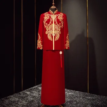 Мужской высококачественный винтажный костюм Qipao Tang, одежда жениха, красный Велюр, Блестки, вышивка бисером, свадебное платье 0