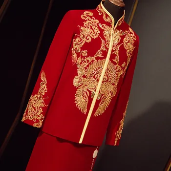 Мужской высококачественный винтажный костюм Qipao Tang, одежда жениха, красный Велюр, Блестки, вышивка бисером, свадебное платье 1