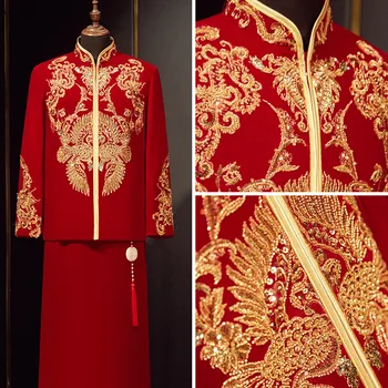 Мужской высококачественный винтажный костюм Qipao Tang, одежда жениха, красный Велюр, Блестки, вышивка бисером, свадебное платье 2