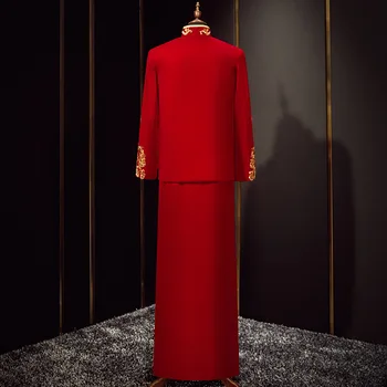 Мужской высококачественный винтажный костюм Qipao Tang, одежда жениха, красный Велюр, Блестки, вышивка бисером, свадебное платье 4