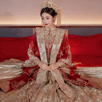 Невеста, блестки, вышивка бисером, кисточки, Свадебное платье, свадебный комплект, женская одежда для тостов в китайском стиле