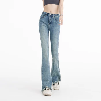 Необработанные джинсы с микро-клеш Для женщин, эластичные джинсовые брюки с высокой талией, повседневные узкие брюки в стиле ретро, Элегантная мода