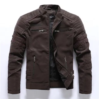 Новая мотоциклетная винтажная велюровая кожаная куртка, зимний топ, мужской воротник-стойка, 3-цветное кожаное пальто, большие размеры
