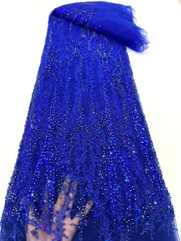 Новейшая нигерийская Королевская синяя Кружевная ткань с бисером и жемчугом, Африканский тюль, Роскошная ткань с пайетками ручной работы Для свадебного вечернего платья выпускного вечера