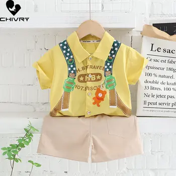 Новинка 2023 года, летняя рубашка с короткими рукавами и отворотом, футболка с рисунком Мультяшного Медведя, Топы с Шортами, Одежда для детей, Комплекты модной одежды для маленьких мальчиков