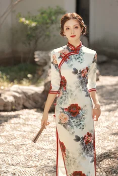 Новинка Весны и лета 2023, Длинное двухслойное китайское платье Ципао Чонсам, костюм Тан Ханфу, вечернее платье с короткими рукавами для женщин