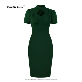 Новое Однотонное Зеленое Винтажное платье С коротким рукавом, Облегающее Офисное Платье длиной до колен, Женское Летнее Открытое платье-карандаш VD3776