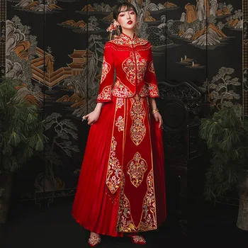 Одежда для брачных тостов в китайском стиле, Изысканная вышивка, Традиционное свадебное платье для пары Чонсам Ципао