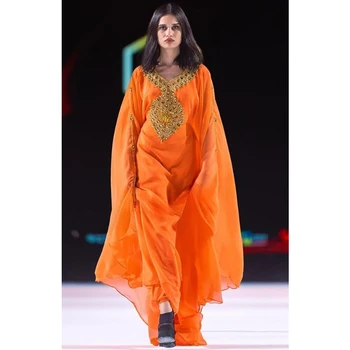 Оранжевое новое королевское исламское современное элегантное марокканское длинное платье-рубашка в арабском стиле из Дубая 0