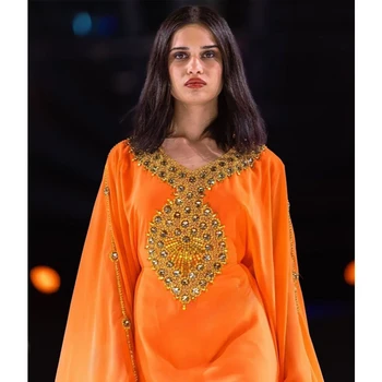 Оранжевое новое королевское исламское современное элегантное марокканское длинное платье-рубашка в арабском стиле из Дубая 2