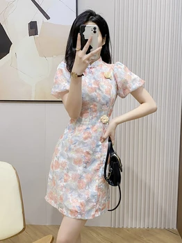 Платья-Чонсам из вискозы с пышными рукавами и цветочным принтом для китайских девочек 0