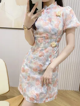 Платья-Чонсам из вискозы с пышными рукавами и цветочным принтом для китайских девочек 1