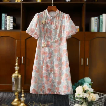Платья-Чонсам из вискозы с пышными рукавами и цветочным принтом для китайских девочек 3