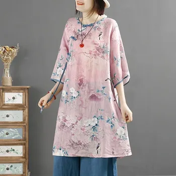 Плюс Размер, женская рубашка с принтом в китайском стиле, 2023, Большой Размер, Летний воротник с пряжкой Средней Длины, Чайный костюм, Свободный Топ