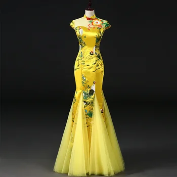 Ретро-воротник-стойка, Короткий рукав, Цветочная вышивка, Атласное Ципао, Сексуальное Китайское женское платье 