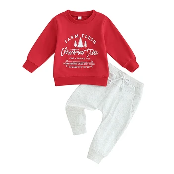 Рождественские наряды для маленьких мальчиков с надписью, пуловер с круглым вырезом и длинными рукавами, Толстовка, Брюки, Комплект Одежды из 2 предметов
