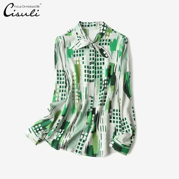 Рубашка из шелковой саржи с принтом CISULI, чистый шелк тутового цвета, Длинный рукав, бант на шее, зеленый цвет, дышащий, противоаллергенный 0