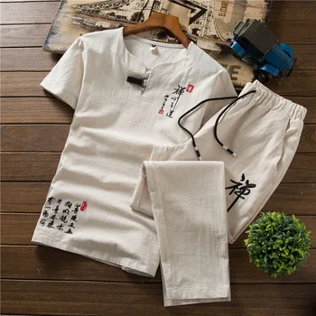 Рубашки для чая Дзен в китайском стиле в стиле ретро, Брюки, униформа Кунг-фу, Средневековая мода Викингов, Повседневная футболка, Брюки, Костюм Тан, мужские комплекты