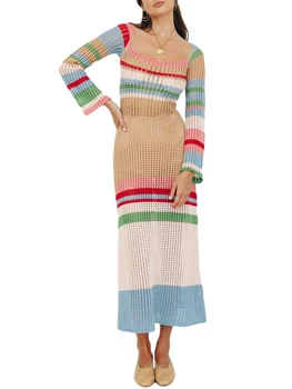 Стильное женское облегающее платье в полоску с вырезом бикини для женщин - контрастных цветов с длинным рукавом и квадратным вырезом 4