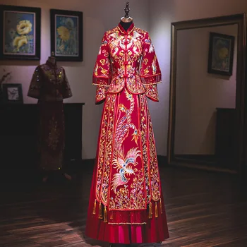 Традиционная восточная Свадебная одежда для пары, платье Чонсам с вышивкой, Изысканный Банкет, Стильная Элегантная Невеста китайская одежда