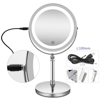 Увеличительное Зеркало для макияжа 5X 10X со светодиодной подсветкой, Зарядка через USB, Сенсорное затемнение, Зеркало для ванной, Настольное Зеркало, Двусторонние зеркала 3