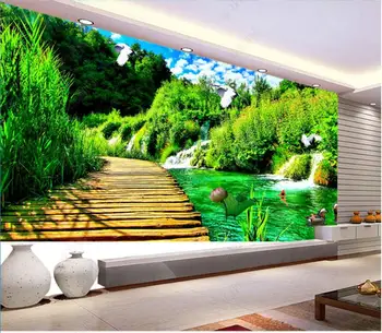 фотообои 3d настенная роспись на заказ Зеленые луга на берегу озера, лесная дорожка, лесной пейзаж обои для стен 3d гостиной