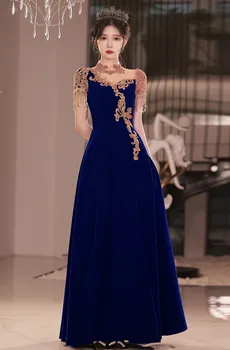 Французские блестки, вышитые бисером, Кисточка, Короткий рукав, темно-синие Велюровые Вечерние платья, Женское вечернее платье Vestidos 0