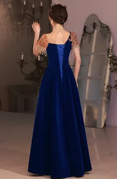 Французские блестки, вышитые бисером, Кисточка, Короткий рукав, темно-синие Велюровые Вечерние платья, Женское вечернее платье Vestidos 1