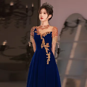 Французские блестки, вышитые бисером, Кисточка, Короткий рукав, темно-синие Велюровые Вечерние платья, Женское вечернее платье Vestidos 2