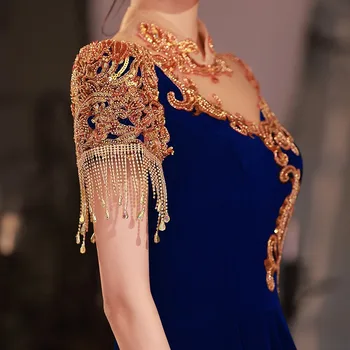 Французские блестки, вышитые бисером, Кисточка, Короткий рукав, темно-синие Велюровые Вечерние платья, Женское вечернее платье Vestidos 5