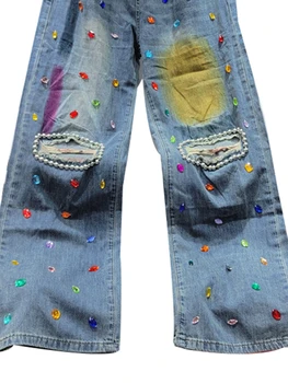 Шикарные джинсы с отверстиями для женщин, высокая талия, лоскутное шитье, Бриллианты, Хитовый Цвет, Свободные Повседневные Широкие брюки, Женские Летние Новые 3