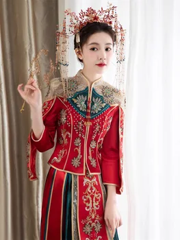 Элегантная Невеста, Винтажный Атласный Китайский Традиционный Свадебный Костюм Ципао С Цветочной Вышивкой, Платье Чонсам китайская одежда 0