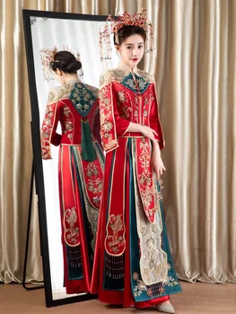 Элегантная Невеста, Винтажный Атласный Китайский Традиционный Свадебный Костюм Ципао С Цветочной Вышивкой, Платье Чонсам китайская одежда 1