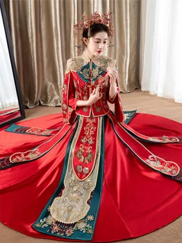 Элегантная Невеста, Винтажный Атласный Китайский Традиционный Свадебный Костюм Ципао С Цветочной Вышивкой, Платье Чонсам китайская одежда 3