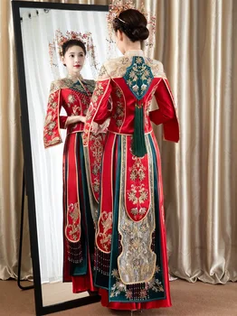 Элегантная Невеста, Винтажный Атласный Китайский Традиционный Свадебный Костюм Ципао С Цветочной Вышивкой, Платье Чонсам китайская одежда 4