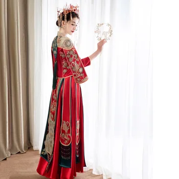 Элегантная Невеста, Винтажный Атласный Китайский Традиционный Свадебный Костюм Ципао С Цветочной Вышивкой, Платье Чонсам китайская одежда 5