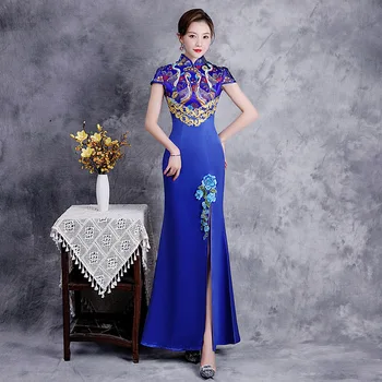 Элегантное платье Miss Etiquette с Длинной Вилкой Cheongsam, Китайское Классическое женское Ципао с коротким рукавом, Сексуальное вечернее платье в виде рыбьего хвоста